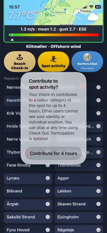 Prompt asking whether to contribute a check-in to spot activity for four hours