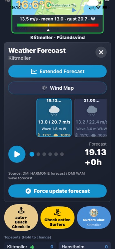 Hourly weather forecast panel with wind, wave and temperature