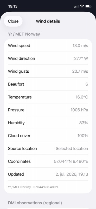 Detailed wind readings including gusts, Beaufort and pressure