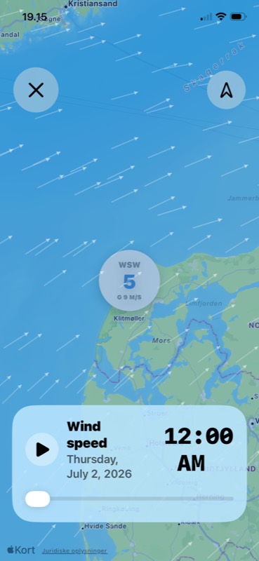 Animated wind map with arrows over the north Jutland coast